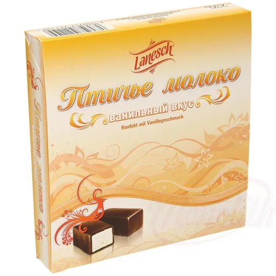 Confiserie en sucre mousseux au goût de vanille "Ptitchje Moloko" enrobée de chocolat.