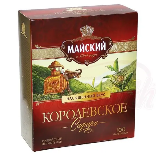 Majskij Thé noir indien "Korolevskoe Safari" – 100 sachets, tasse vive & maltée