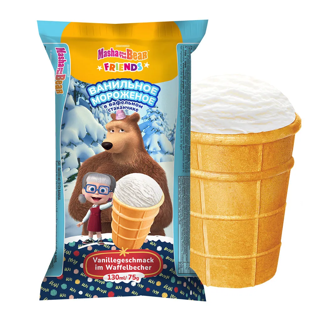 MASHA AND THE BEAR Glace à la vanille – gobelet gaufré prêt à déguster, 130 ml
