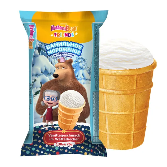 MASHA AND THE BEAR Glace à la vanille – gobelet gaufré prêt à déguster, 130 ml