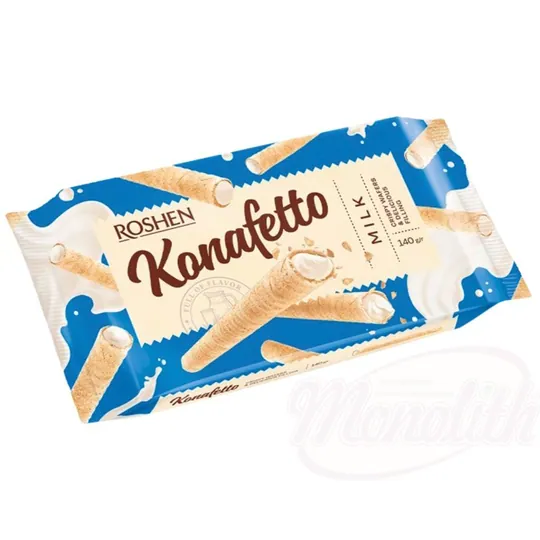 Rouleaux de gaufrette "Konafetto" fourrés dune crème au goût de lait (59%)