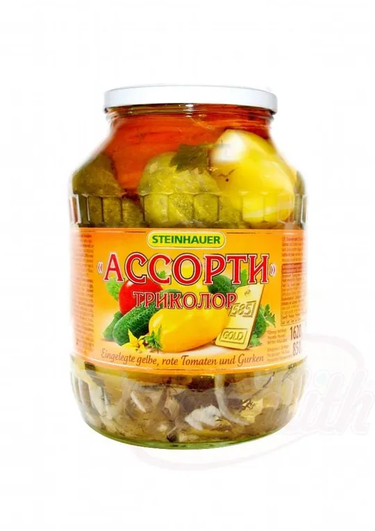 Steinhauer "Assorti Trikolor" – tomates et concombres jaunes & rouges marinés