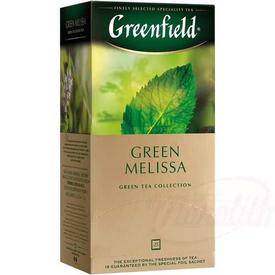Thé vert avec mélisse et menthe "Greenfield Green Melissa", aromatisé - citron. 25 x 1,5 g